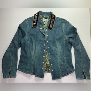 Christopher & Banks Denim Jacket w/ Velvet/Sequin Trim - dark wash/paisley, XL